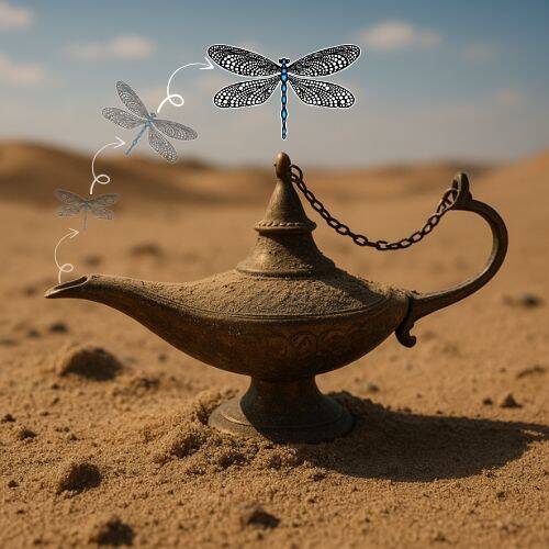 Afbeelding van de wonderlamp van Aladin: wat het je leert over angst en verandering, met de libelle van Angstvrij met Kloens als symboorl voor verandering!