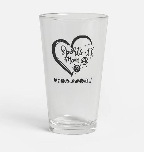 Sports Mom With Option For Names To Be Added Charcoal Etched Pint Glass