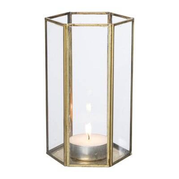 Glazen windlicht zeshoek