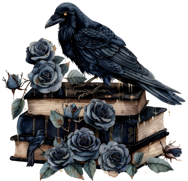 🪄 DTF-Bügelbild „Rabe auf Bücherstapel“ – fertiges Motiv, direkt zum Aufpressen