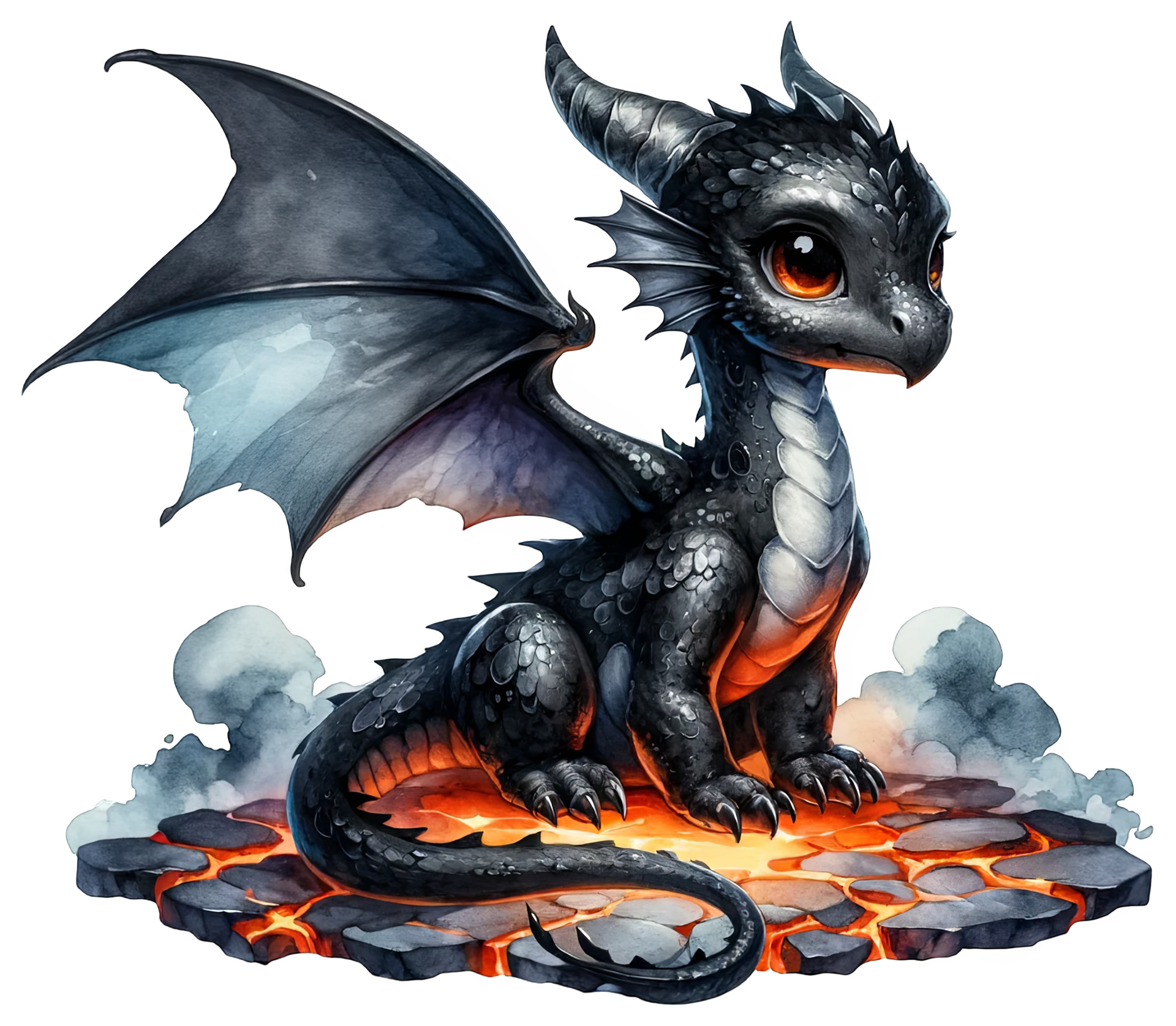 🪄 DTF-Bügelbild „Dunkler Feuerdrachenjunge“ – mystischer Drachenjunge mit Feuerakzenten, fertiges Bügelbild