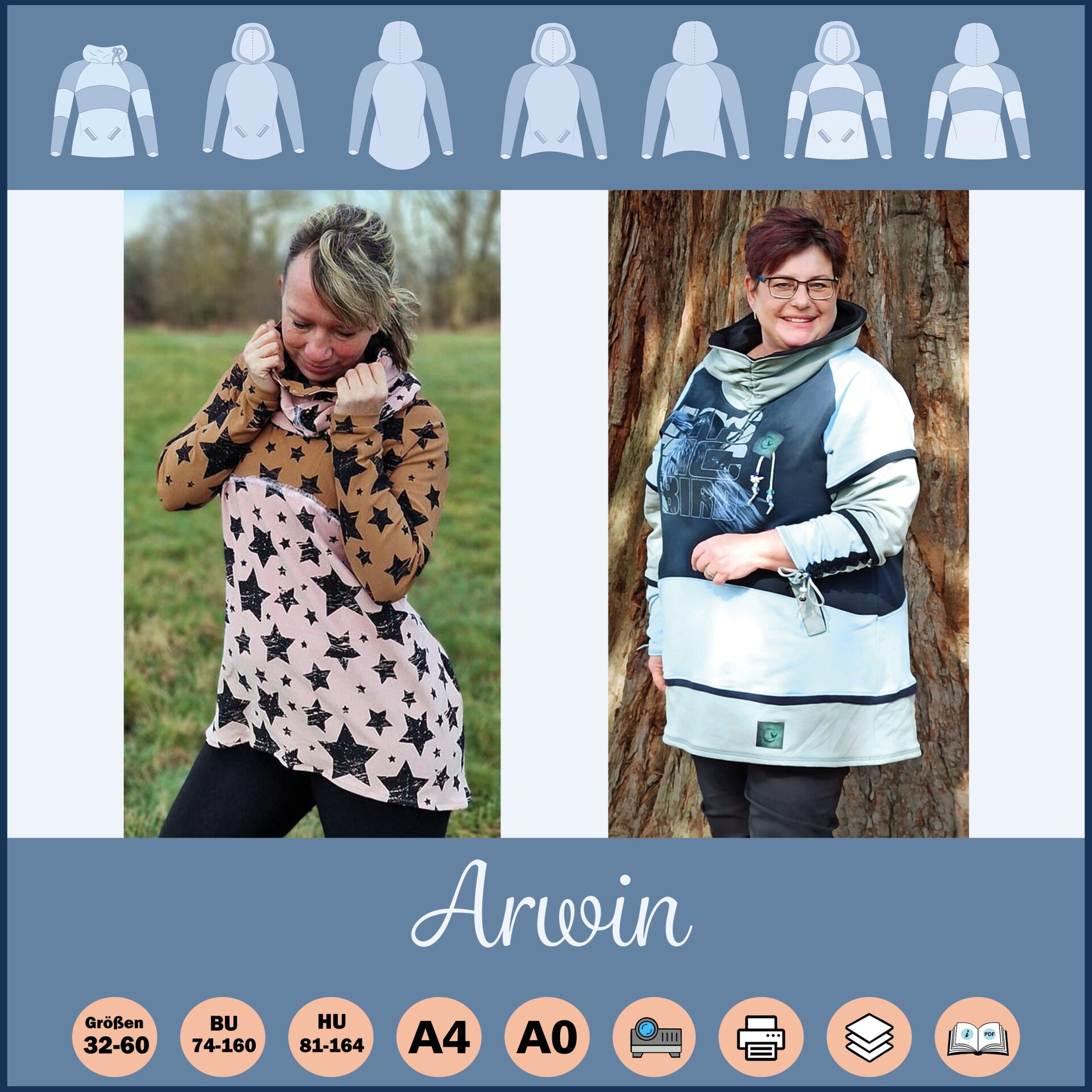 ✂️ Arwin Hoodie – Vielseitiger Schnitt für stylische Hoodies & Shirts (Größe 32–60) - A0-Datei für deinen Copyshop-Print