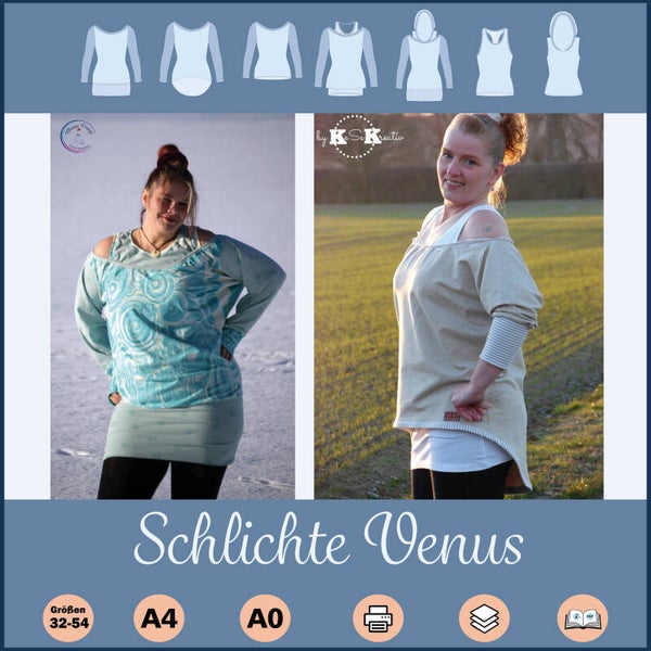 ✂️ Schlichte Venus – Modernes 2-Teiler Schnittmuster für Damen (Größe 32–54) | Top & Fledermausshirt mit vielen Varianten - A0-Datei für Copyshop
