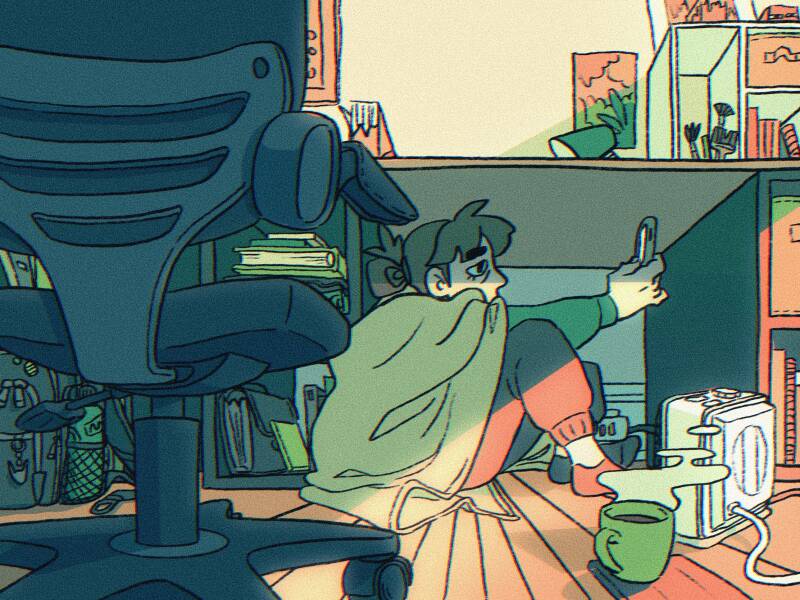 Illustration drawing of person in a room under their desk with a steaming cup of coffee