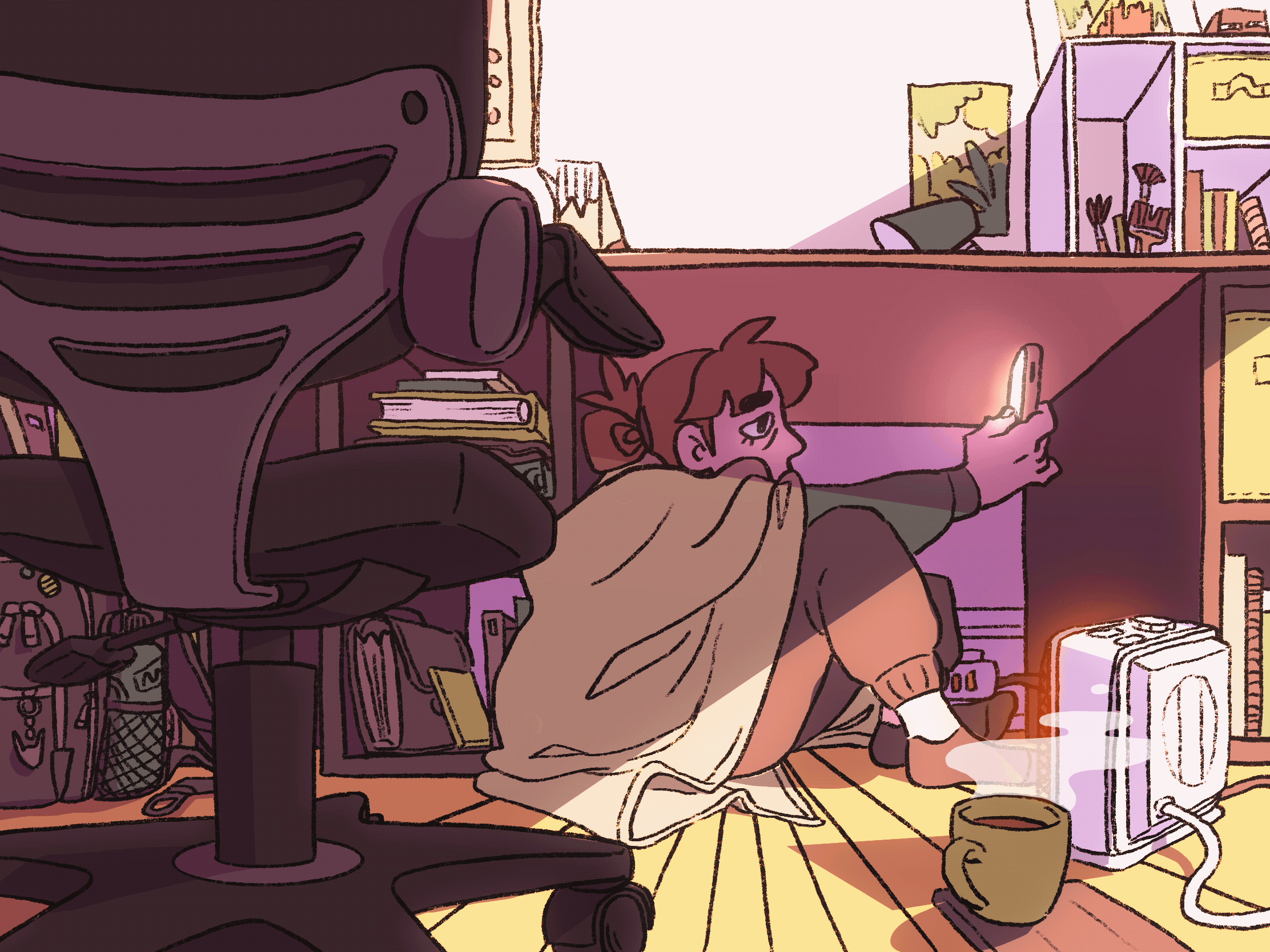 Illustration drawing gif animation of person in a room under their desk with a steaming cup of coffee