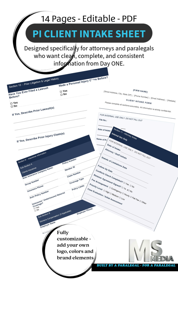 Personal Injury Client Intake Sheet - Editable PDF Fillable Form