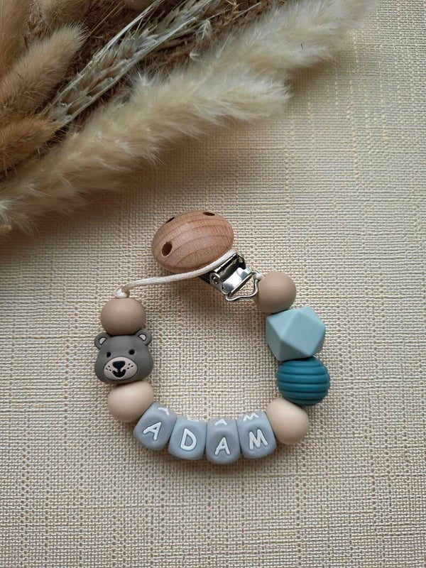 Speenkoord beer grijsblauw met naam