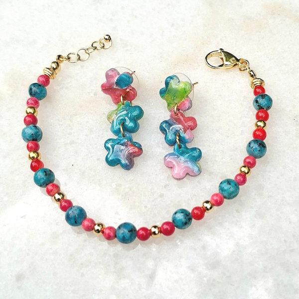 Cadeauset bloem oorbellen & armband blauw koraal | Honolulu