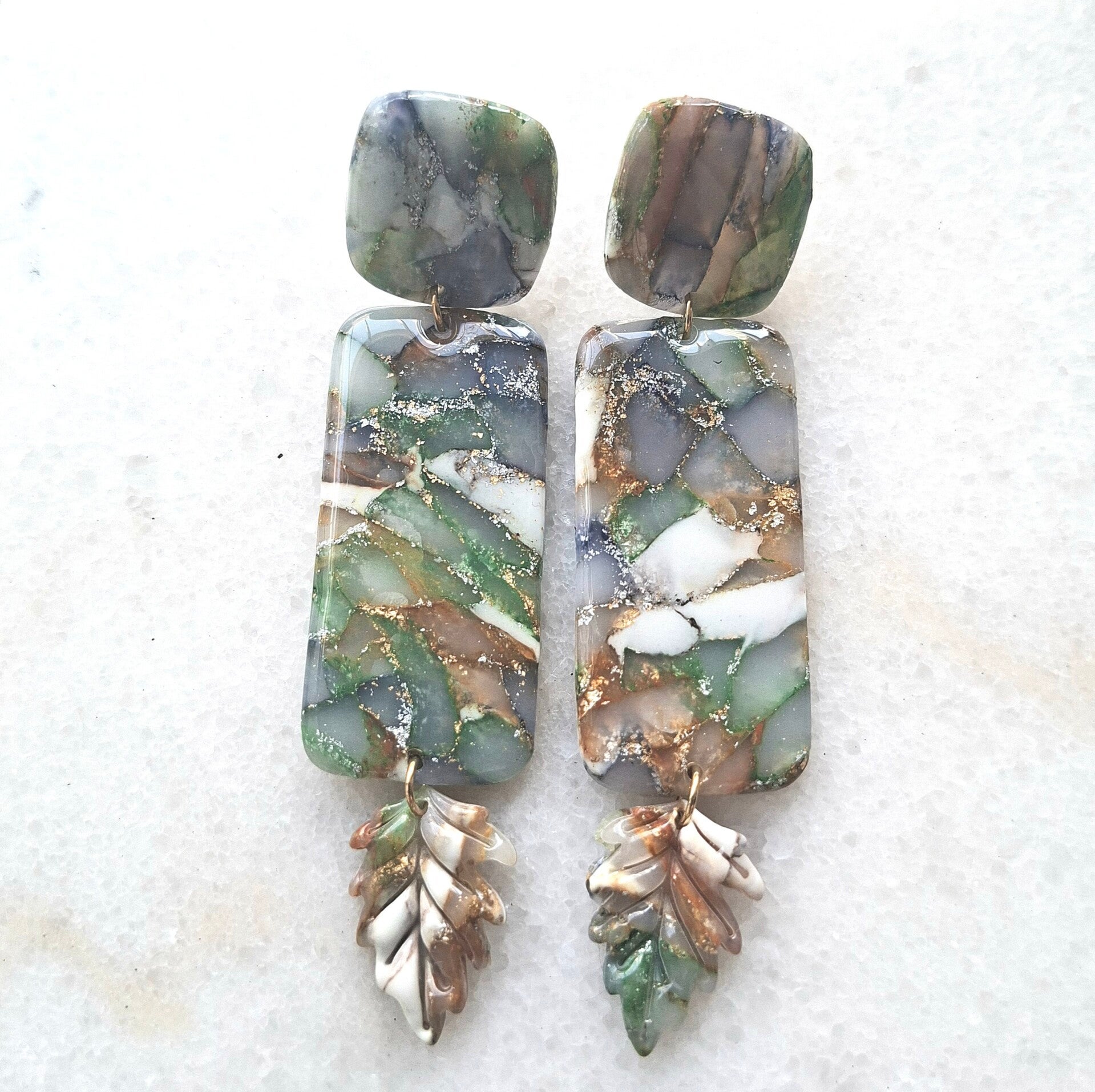 Botanical Earth Rectangle&Leaf | lichtgewicht oorbellen