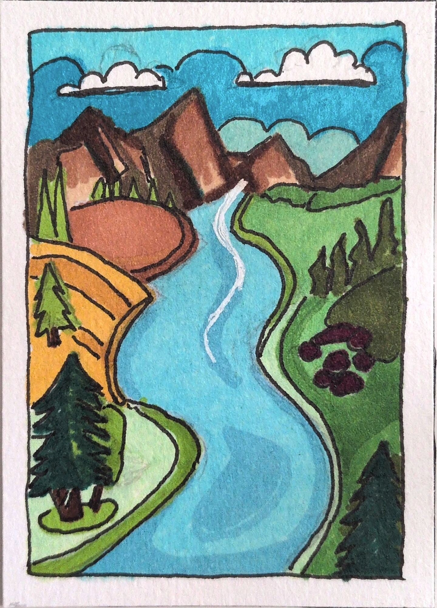 Handgetekende Landschap Magneet – Originele Miniatuur Kunst (6,4 x 8,9 cm)