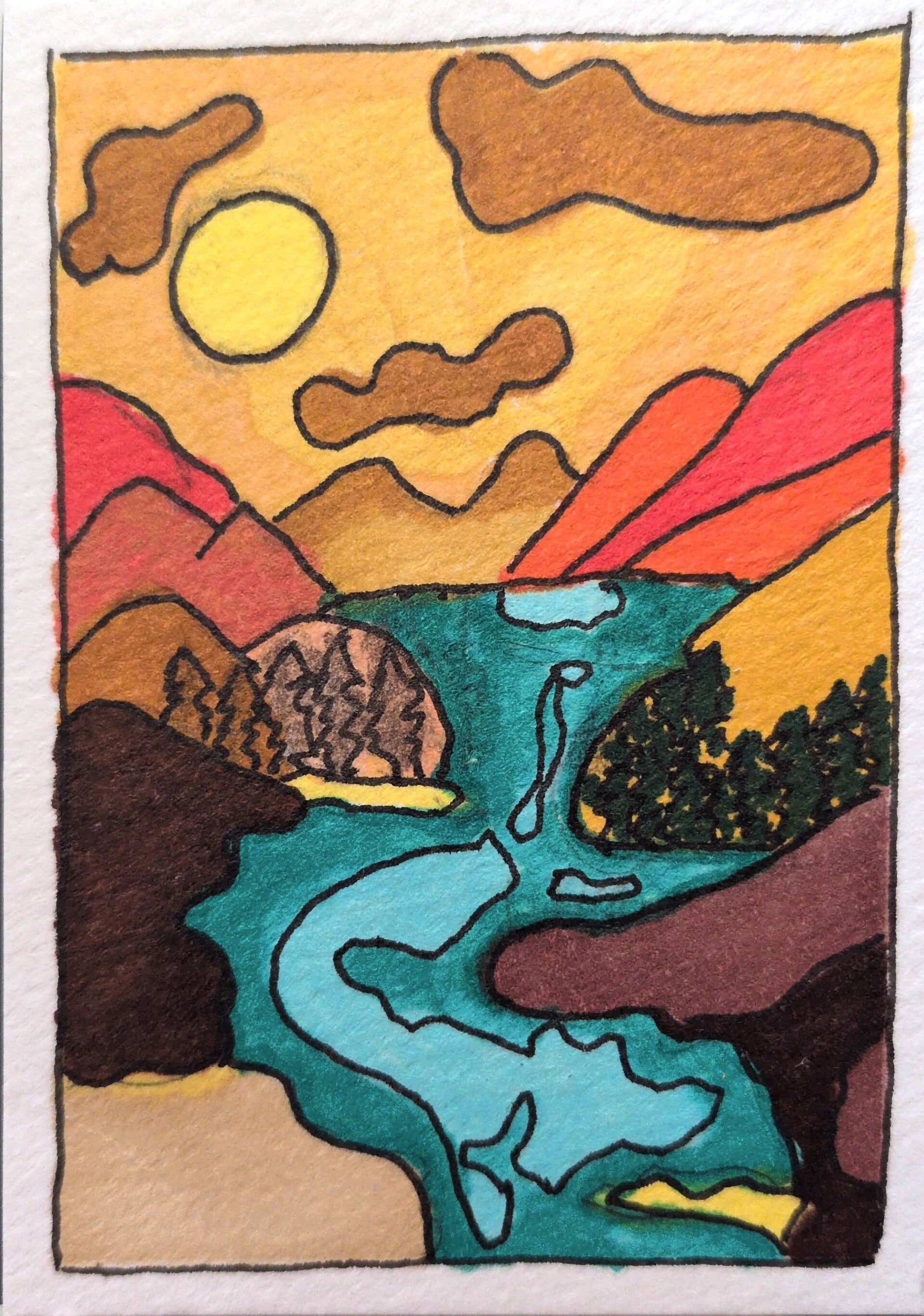 Handgetekende Landschap Magneet – Originele Miniatuur Kunst (6,4 x 8,9 cm)