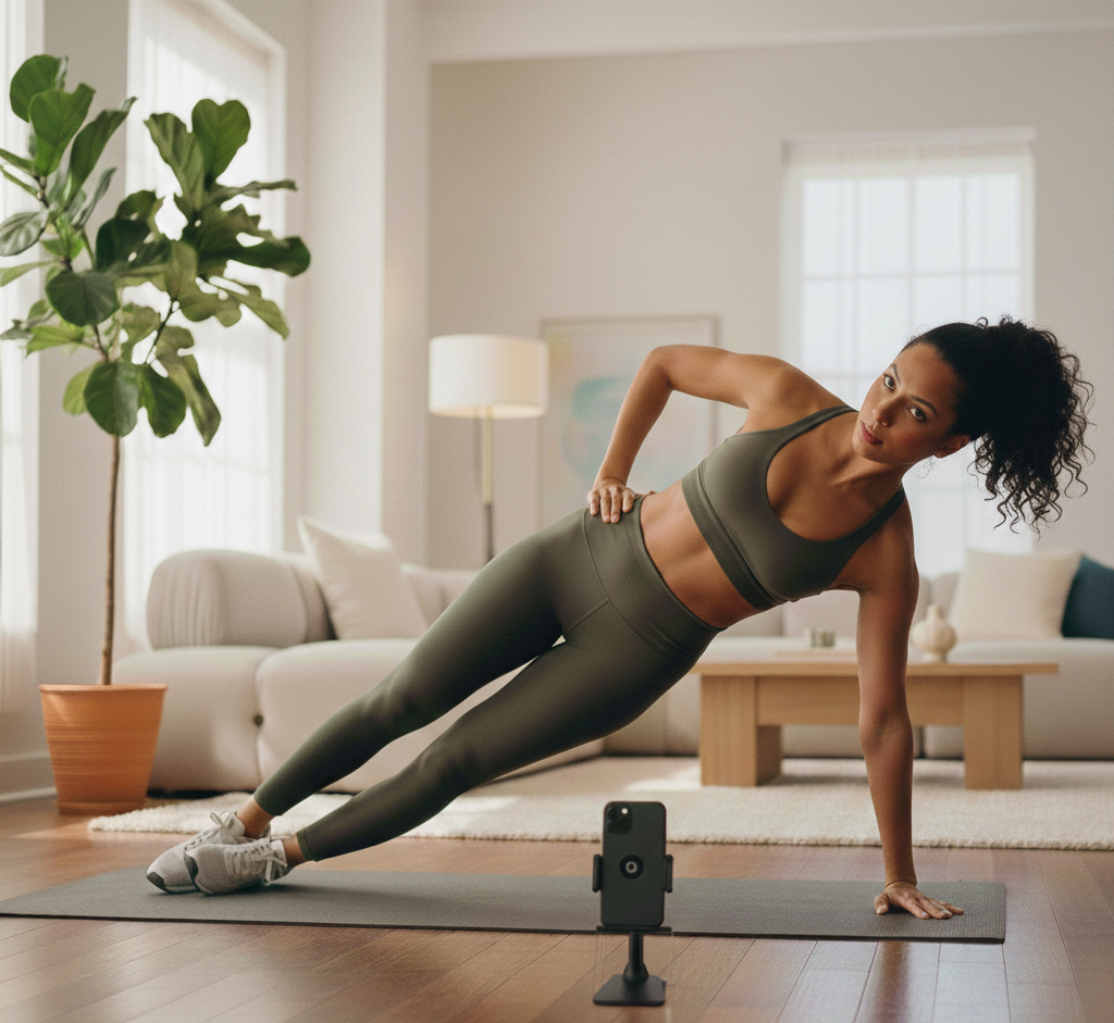 Femme métisse dans son salon qui réalise l'exercice de fitness planche latérale en regardant son smartphone. 