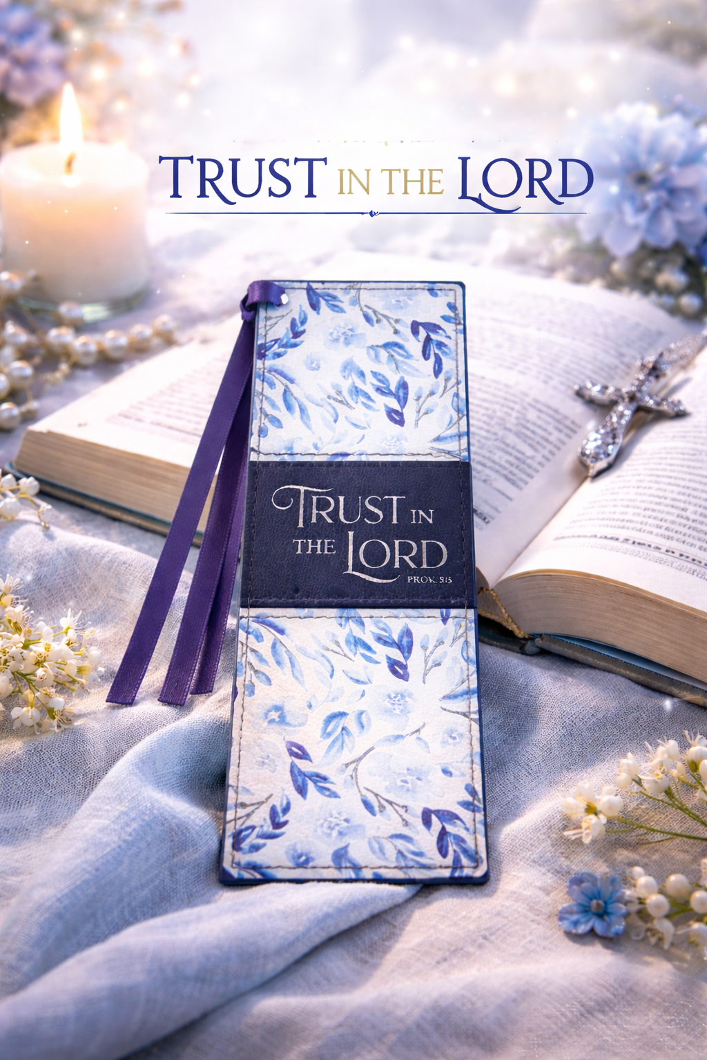 Bookmark Faux Leather Blue Floral Trust Prov. 3:5
