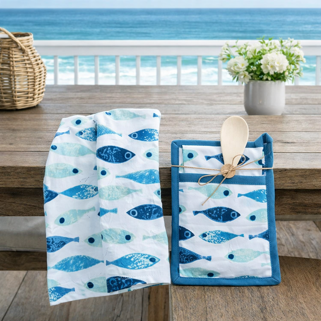 3 Piece Blue Fish Kitchen Tea Towel & Pot Holder Set