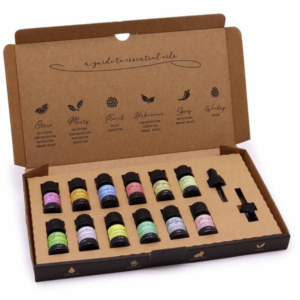 Set Oli Essenziali-12 flaconi da 5 ml + 2 contagocce-100% puro-vegano