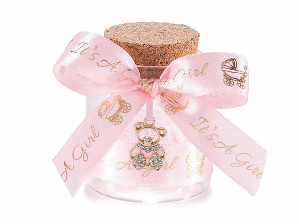 20x Provetta portaconfetti con fiocco azzurro o rosa e pendente orsetto.