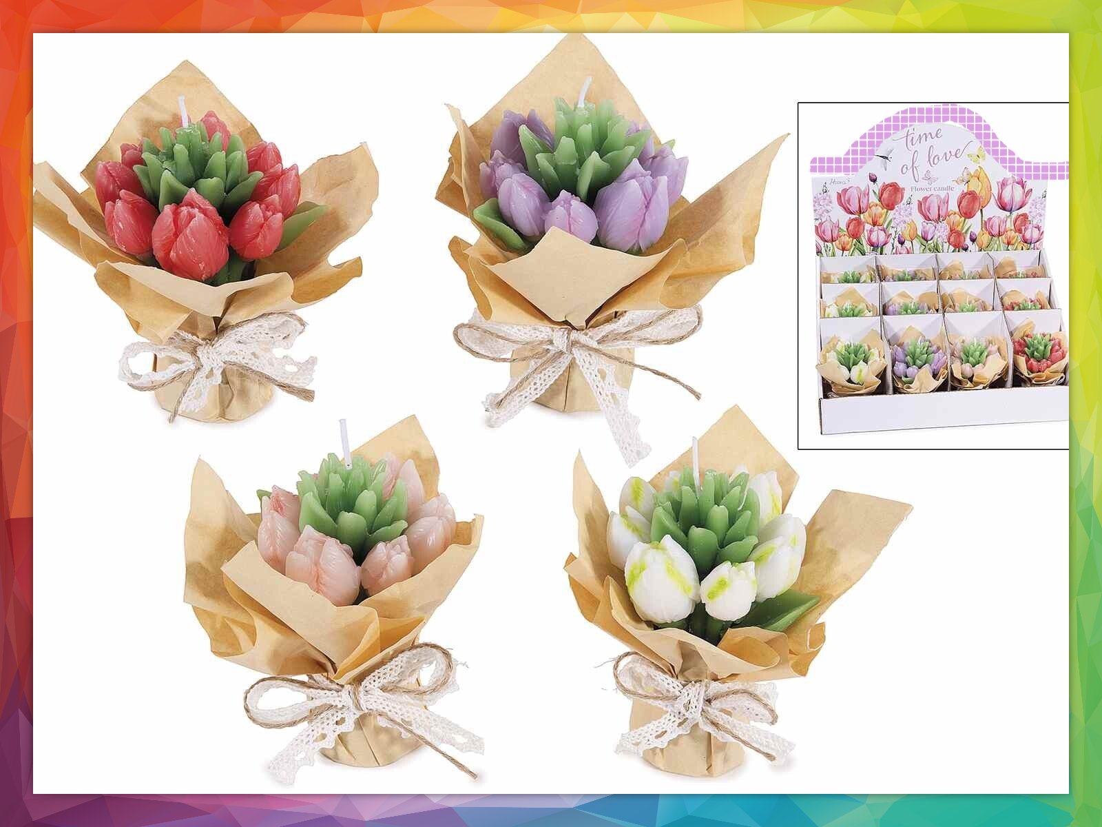 Candela a bouquet di tulipani con carta e nastro