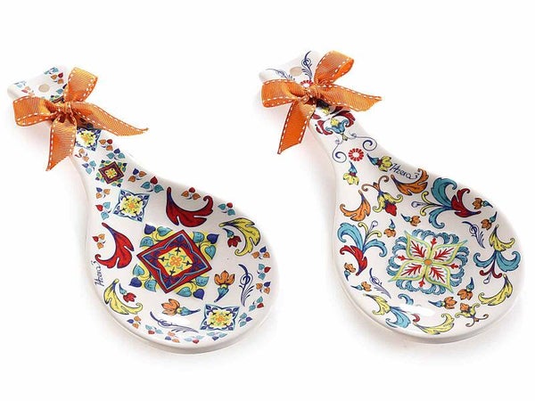 25 Poggiamestolo in ceramica" Maiolica"con fiocco . Idea Bomboniere fai da te......