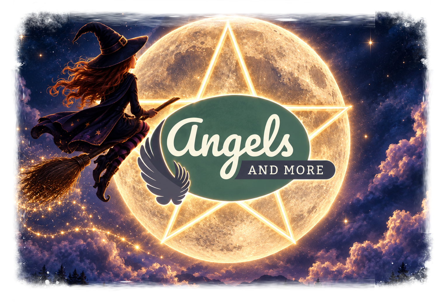 Heks op bezem met pentagram, volle maan en logo Angels and more®
