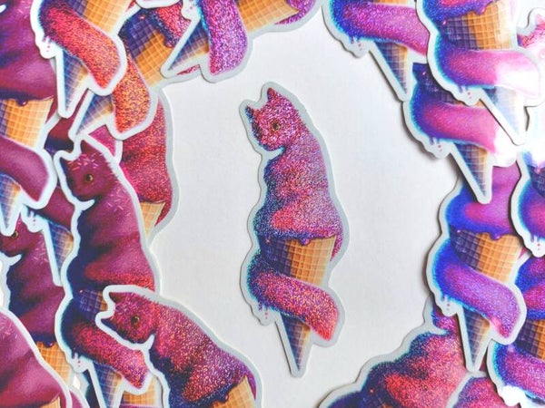 Katten ijs glitter sticker roze, journaling scrapbooking kado, kattenliefhebber, zomer activiteiten, ijsje 4x10.4 cm