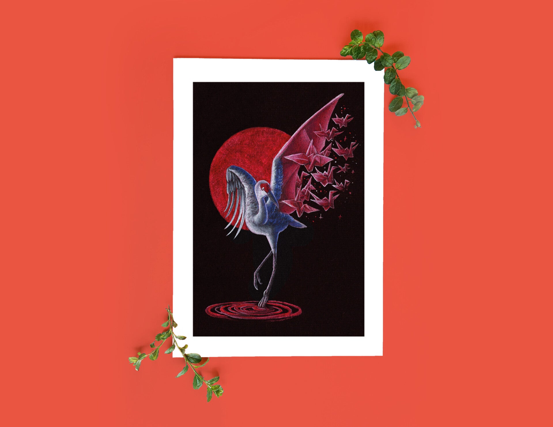Red origami bird art print A5 14,8x21 cm(5.8x8.2 inch)