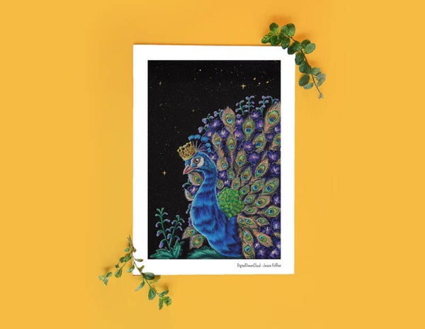 Royal delphinium peacock, art print, 14,8x21 cm(5.8x8.2 inch)