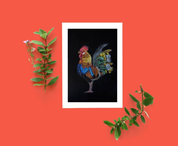 Floral rooster, ansichtkaart, handgetekend potlood, 148x105 mm (5.8x4.1 inch)