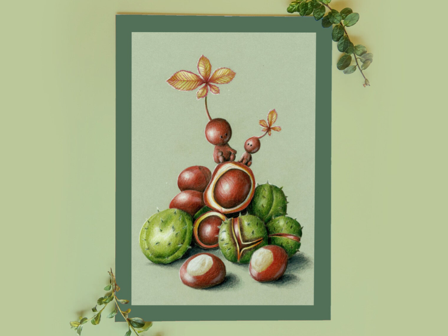 Kastanje vriendjes herfst, potlood illustratie, art, natuur, floral, cottagecore 21x14,8 cm (8,2x5,8 inch)