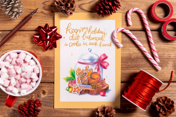 Keep your holiday diet balanced, a cookie in each hand eekhoorn gingerbread mannetjes kerstkaart.