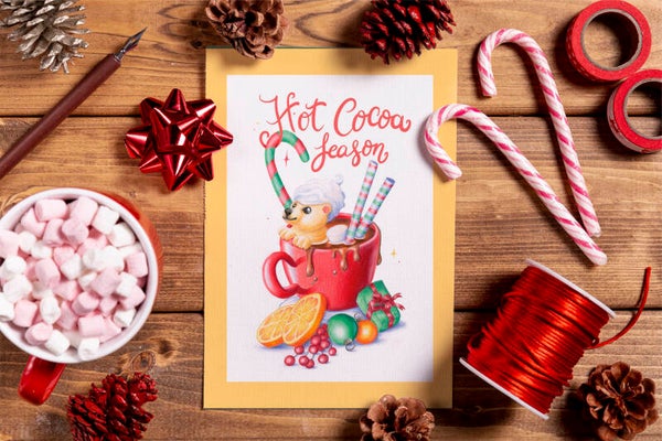 Hot cocoa weather ijsbeer warme chocolade melk kerstkaart.