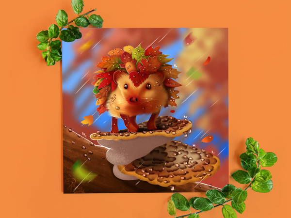 Autumn leaveshog Flowerhog egel kaart 135x135 mm gevouwen.