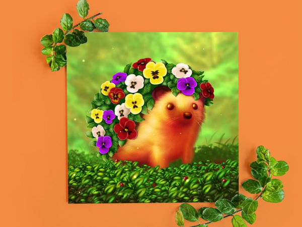 Pansyhog Flowerhog egelkaart 135x135mm gevouwen.