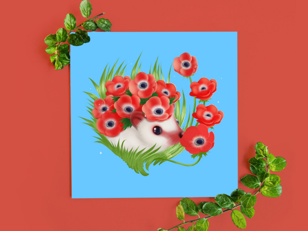 Red Anemonehog Flowerhog egelkaart 135x135mm gevouwen.