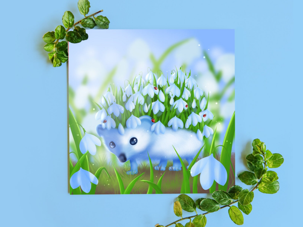 Snowdrophog Flowerhog egelkaart 135x135mm gevouwen