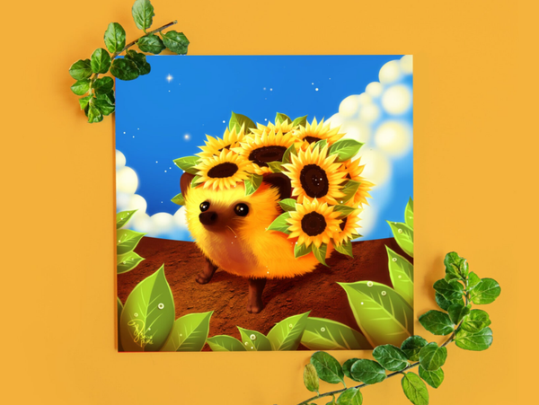 Sunflowerhog egelkaart 135x135mm gevouwen.