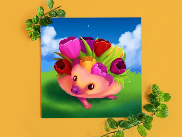 Tuliphog Flowerhog egelkaart 135x135mm gevouwen.