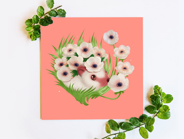 White Anemonehog Flowerhog egelkaart 135x135mm gevouwen.