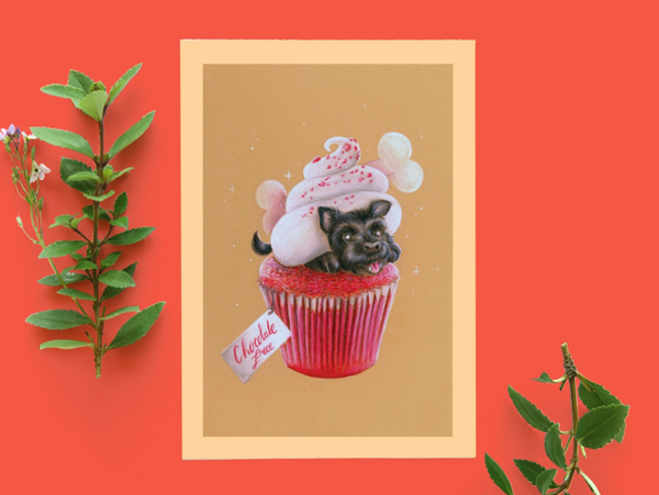 Scotty terriër Red velvet cupcake, handgemaakt, ansichtkaart, 148x105 mm (5.8x4.1 inch)