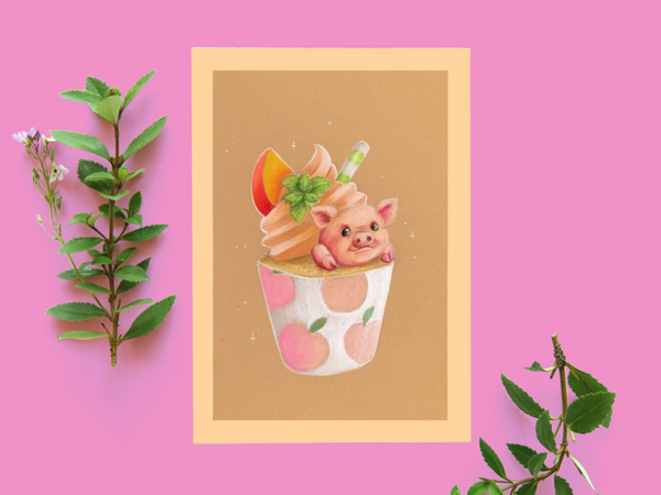 Pig peach cupcake, handgemaakt, ansichtkaart, 148x105 mm (5.8x4.1 inch)
