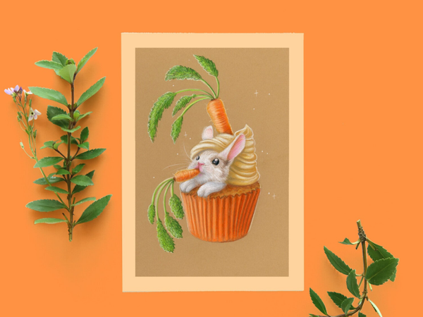 Rabbit carrot cupcake , handgemaakt, ansichtkaart, 148x105 mm (5.8x4.1 inch)