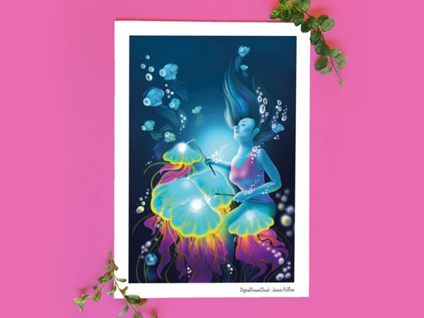 Kwallen drummer muur print | muziek liefhebber | home decor | fantasie | handgemaakt | zeeleven | oceaan | cute 21x14,8 cm (8,2x5,8 inch)
