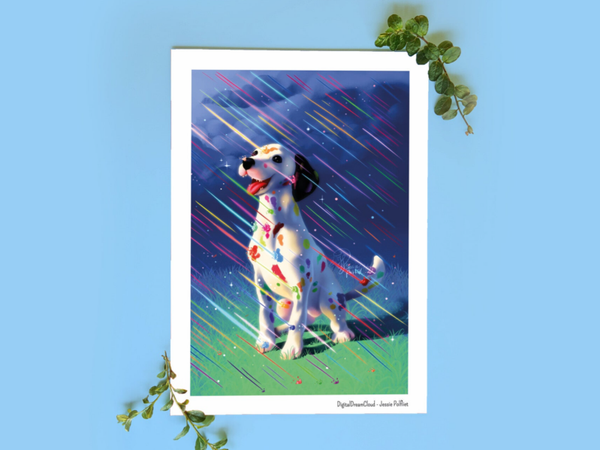 Dalmatier regenboog hond muur print | handgemaakte digitale art | fantasie cottagecore | honden kado | 21x14,8 cm (8,2x5,8 inch)