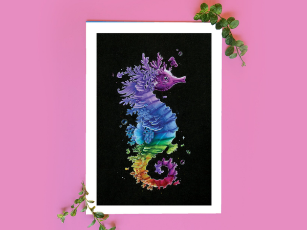 Regenboog zeepaard kado, potlood handgemaakt, zee leven, schattige dierenliefhebber, koraal kado 21x14,8 cm (8,2x5,8 inch)