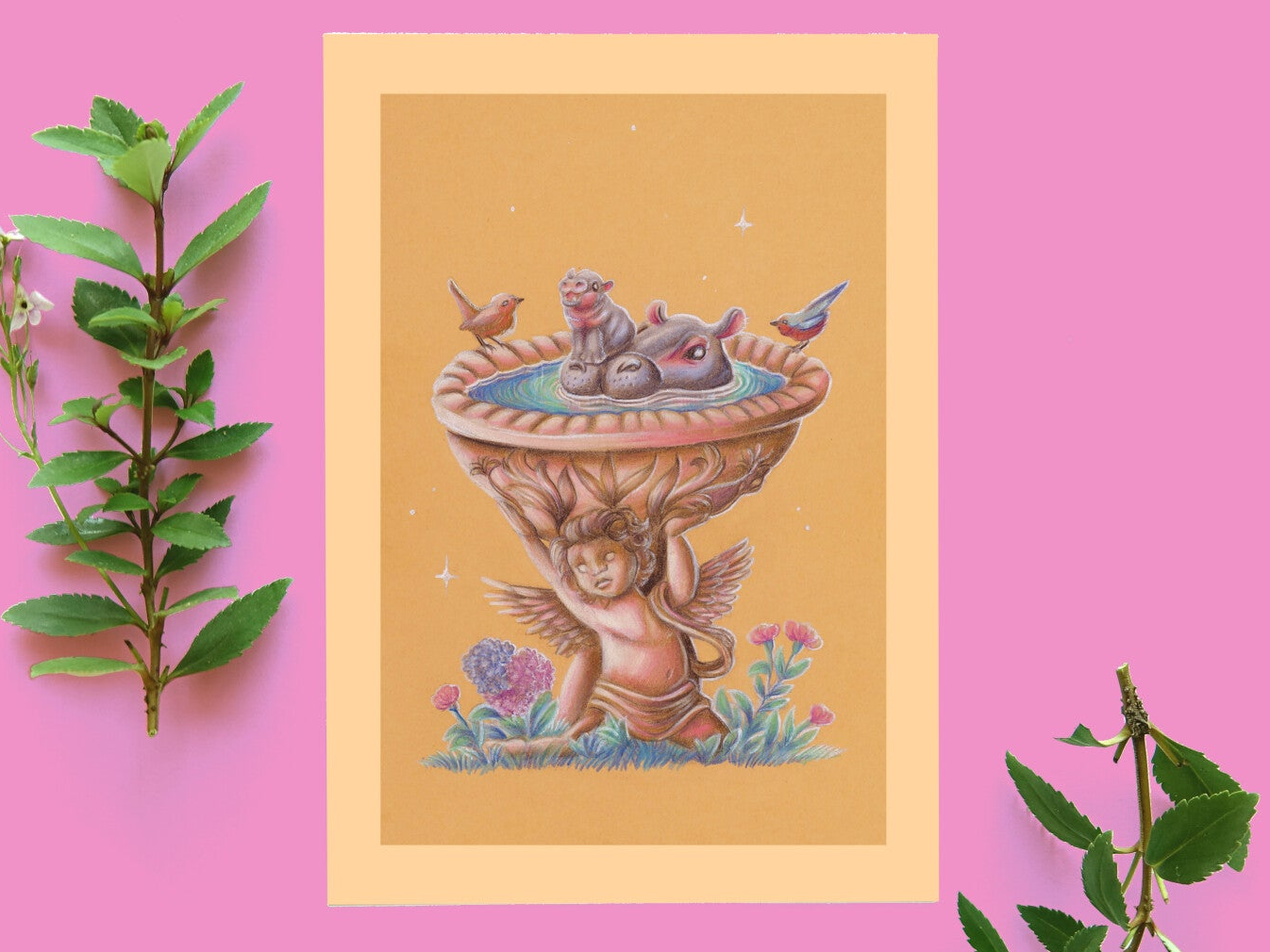 Hippos need birdbaths too ansicht kaart A6 formaat