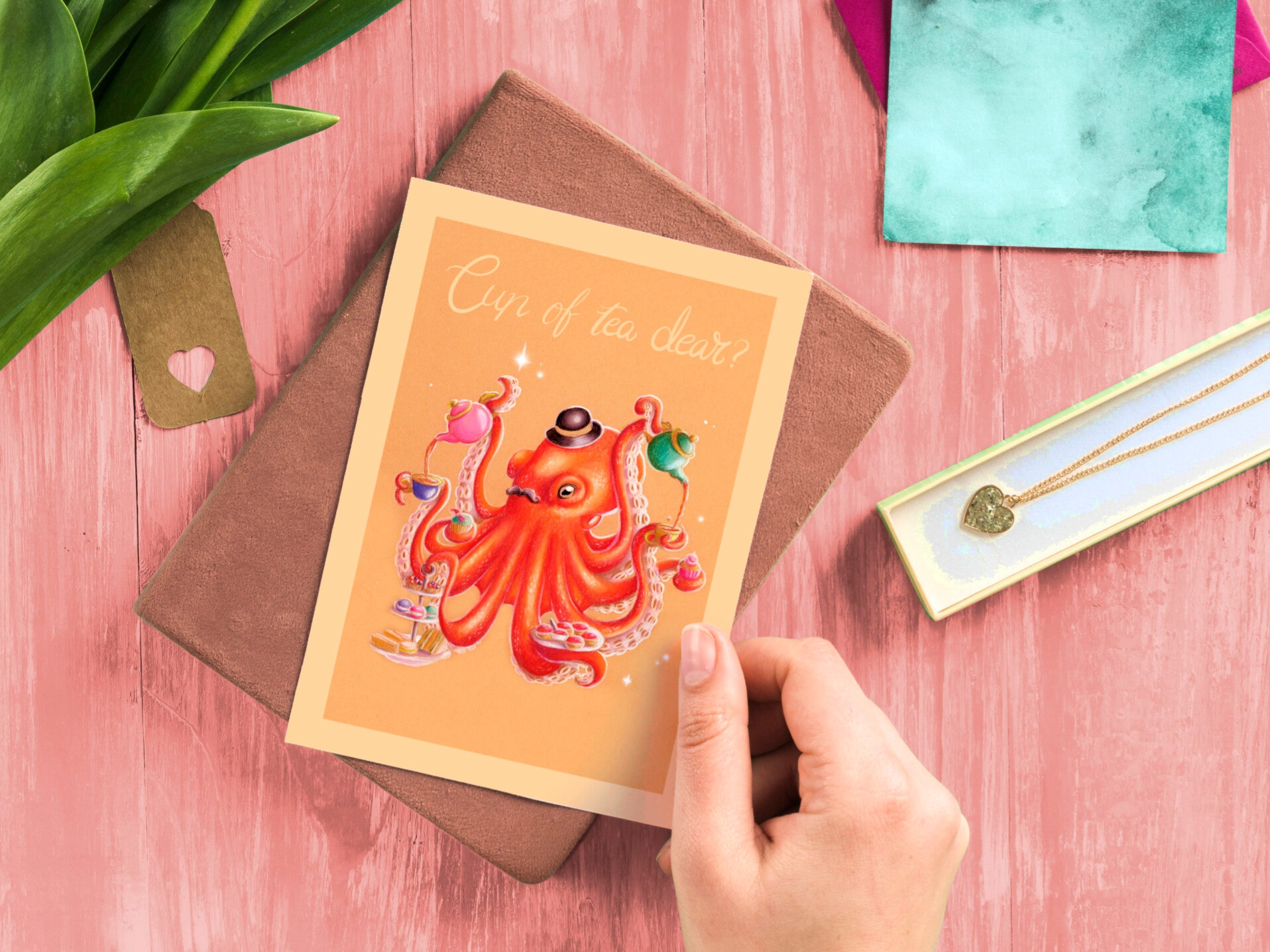 Cup of tea dear? Octopus thee liefhebber steampunk potlood ansicht 148x105 mm (5.8x4.1 inch)