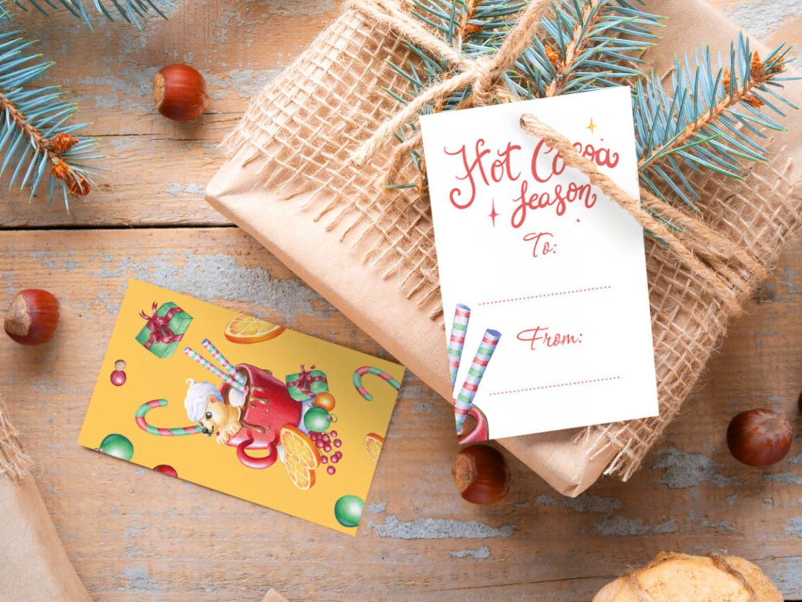 Kerst kado tag Hot cocoa ijsbeer in chocolade melk