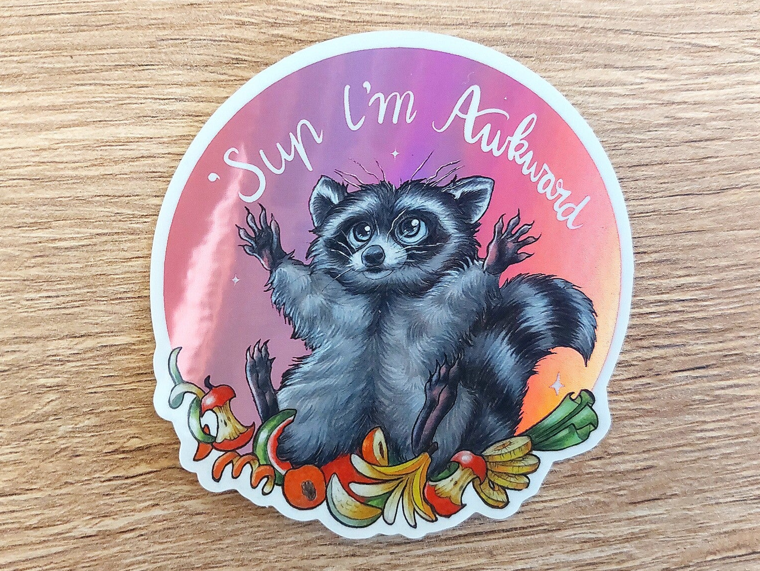 Awkward trashpanda, holografische sticker, vaatwasser proof, 7.8x8 cm (3x3.1 inch)