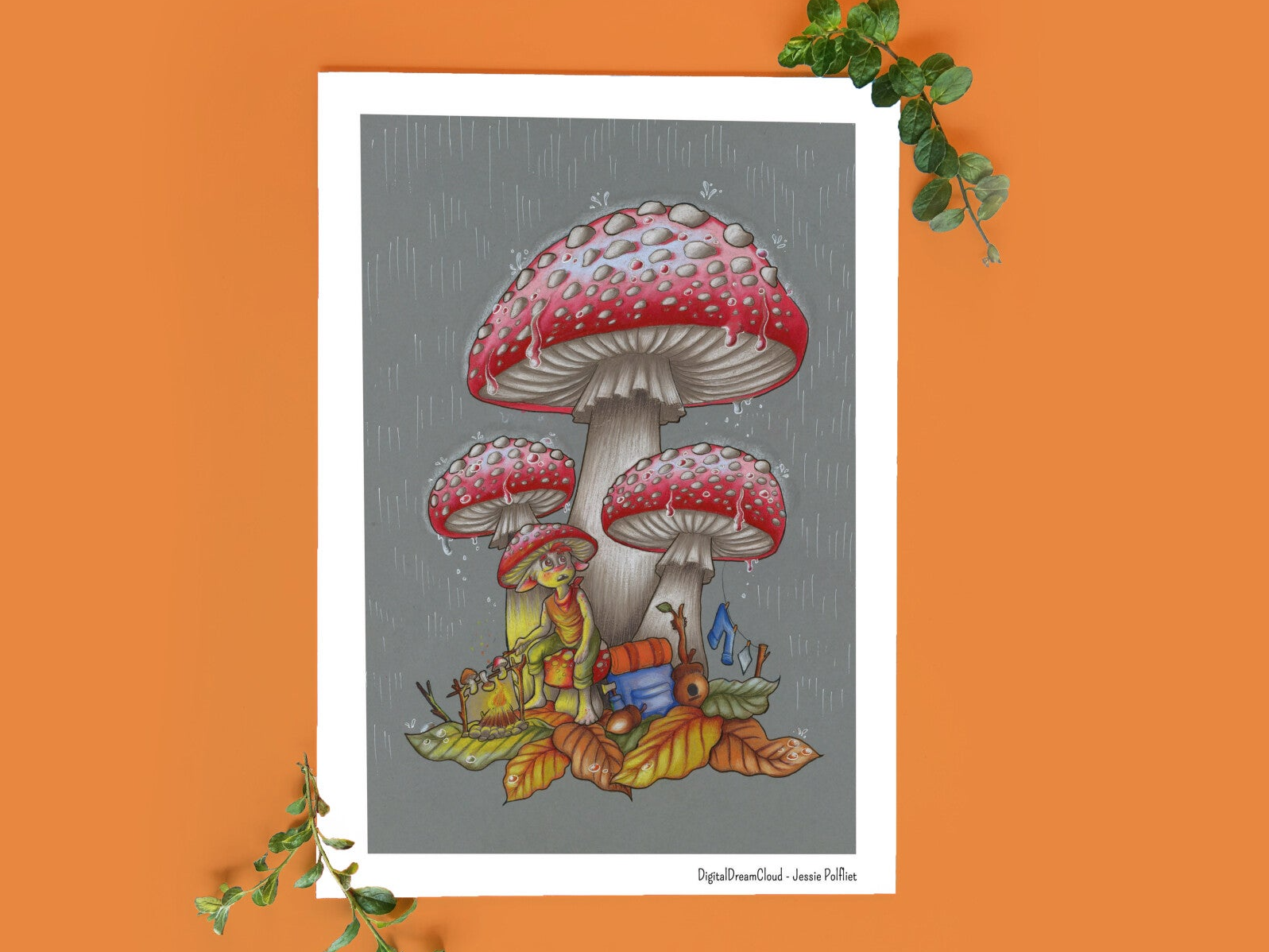 Regenachtige paddestoelen op grijs papier  21x14,8 cm (8,2x5,8 inch)