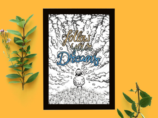 Follow your dreams schapen pen handlettering inspirerende tekst ansicht 148x105 mm (5.8x4.1 inch)
