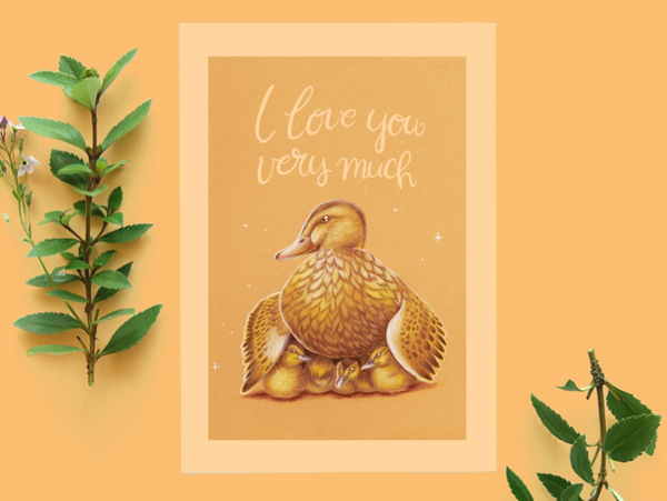 I love you very much moeder eend met kleintjes potlood ansicht kaart 148x105 mm (5.8x4.1 inch)